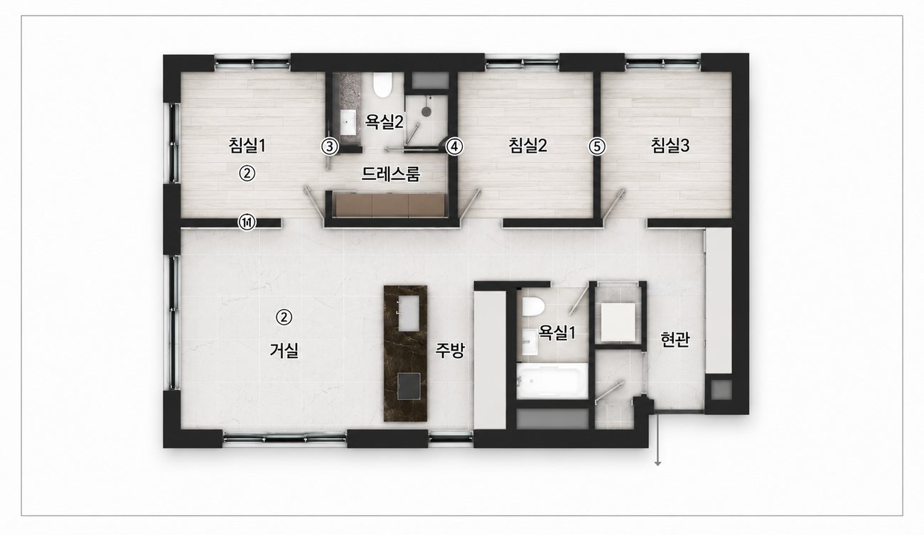 84C 평면도 — 거실·침실 2면 개방, 드레스룸 선택